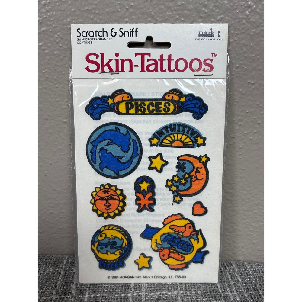 Vintage 1984 Scratch & Sniff Skin Tattoos Pisces‎ Zodiac Sign Stickers